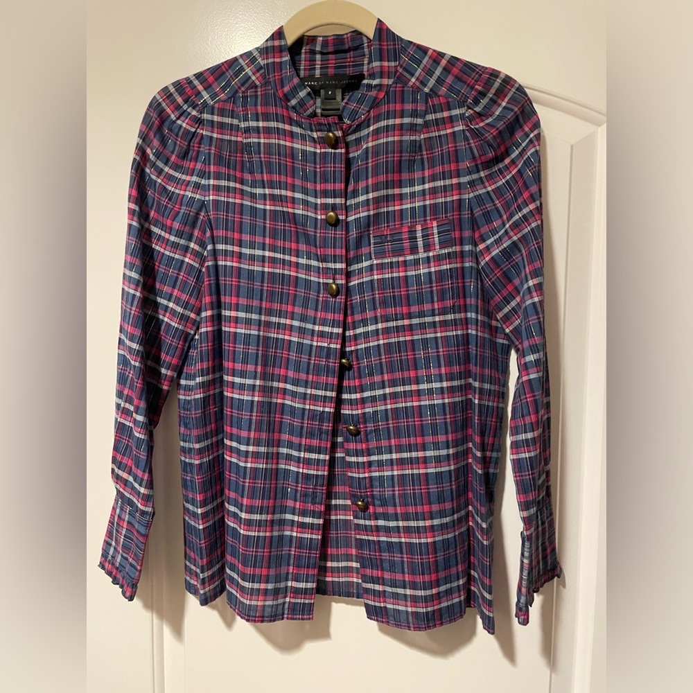 Marc by Marc Jacobs Twilight Blue Multicolor Size 2 Top Blouse Button Up